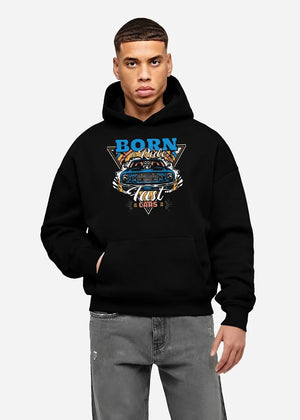Black hoodie worn by a male model, front view, featuring Chevrolet Corvette C6 corvette racing drift muscle street graphic.