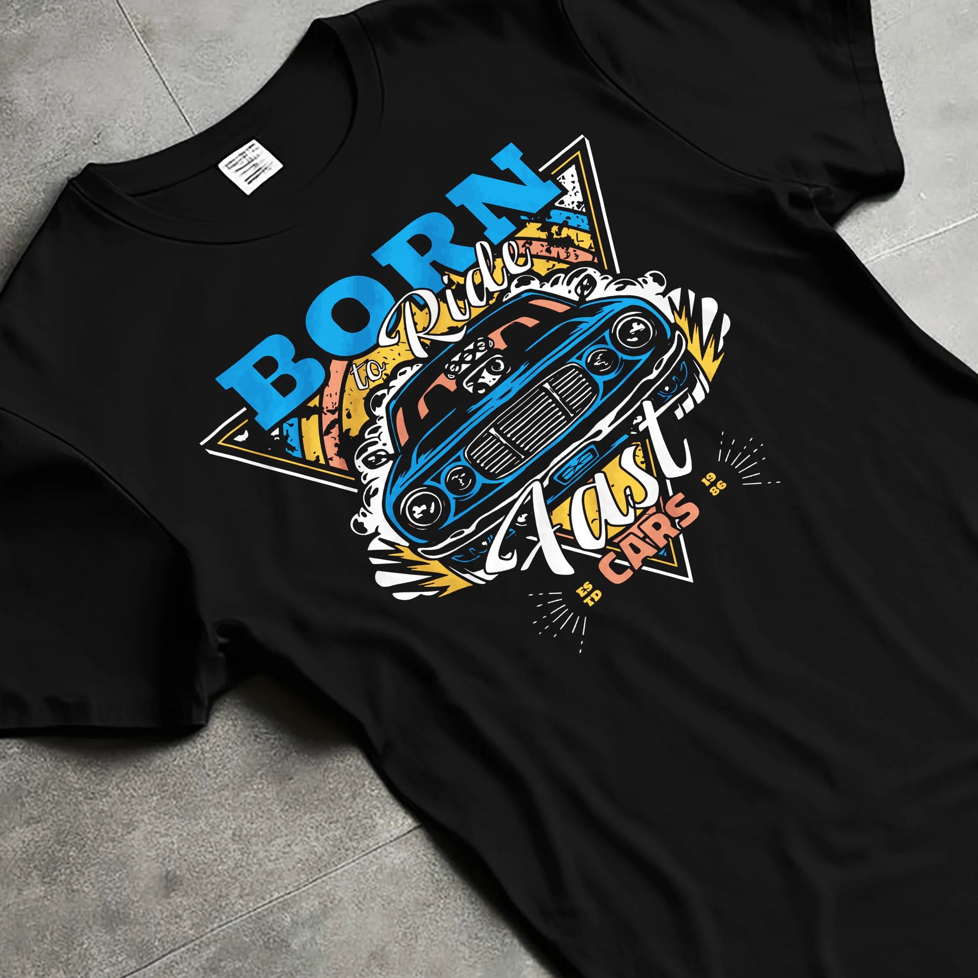 Black T-shirt laid flat with natural fabric folds, featuring Chevrolet Corvette C6 corvette racing drift muscle street graphic.