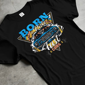 Black T-shirt laid flat with natural fabric folds, featuring Chevrolet Corvette C6 corvette racing drift muscle street graphic.