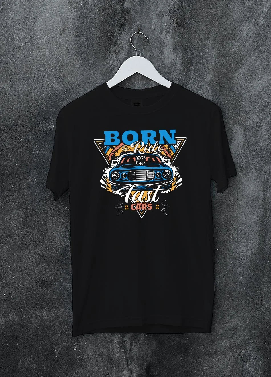 Black crewneck T-shirt on a hanger against a grey wall, featuring Chevrolet Corvette C6 corvette racing drift muscle street graphic.