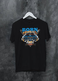 Black crewneck T-shirt on a hanger against a grey wall, featuring Chevrolet Corvette C6 corvette racing drift muscle street graphic.