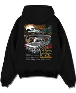 Black pullover hoodie laid flat on a white background, featuring Chevrolet Corvette C8R gt3 rs corvette racing motorsport graphic.