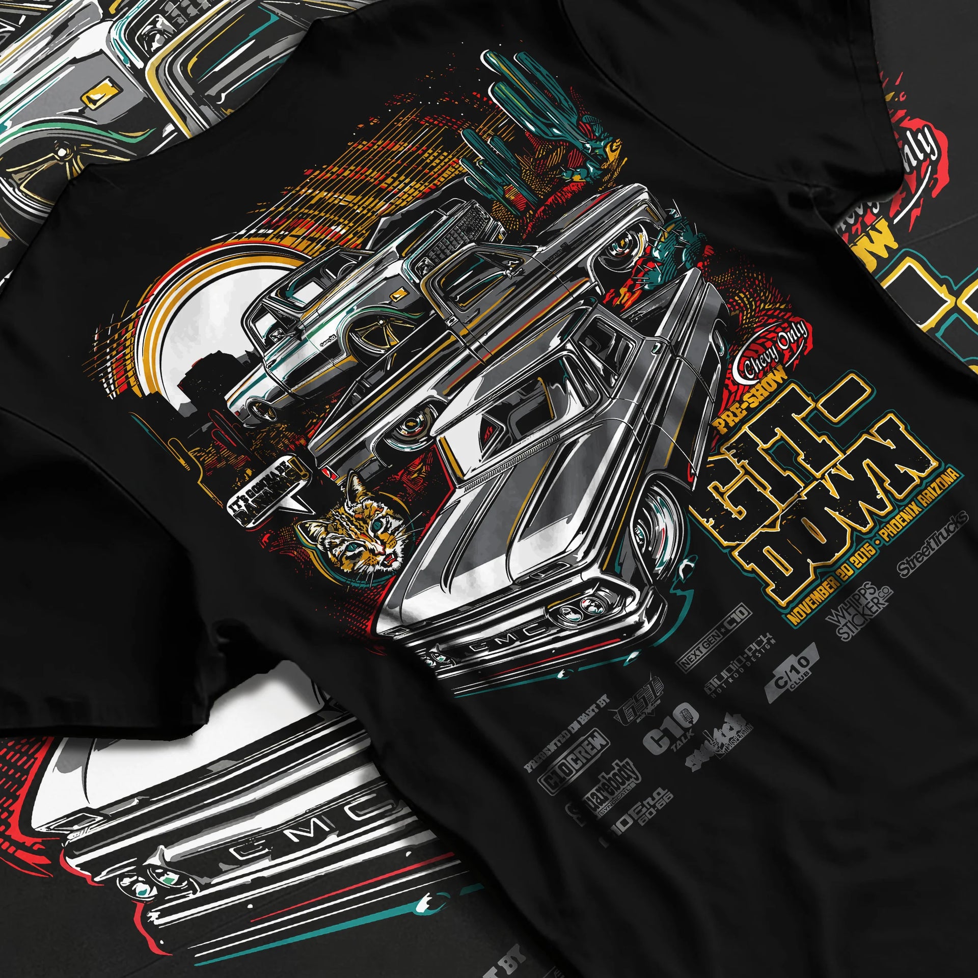 Black T-shirt laid flat with natural fabric folds, featuring Chevrolet Corvette C8R gt3 rs corvette racing motorsport graphic.