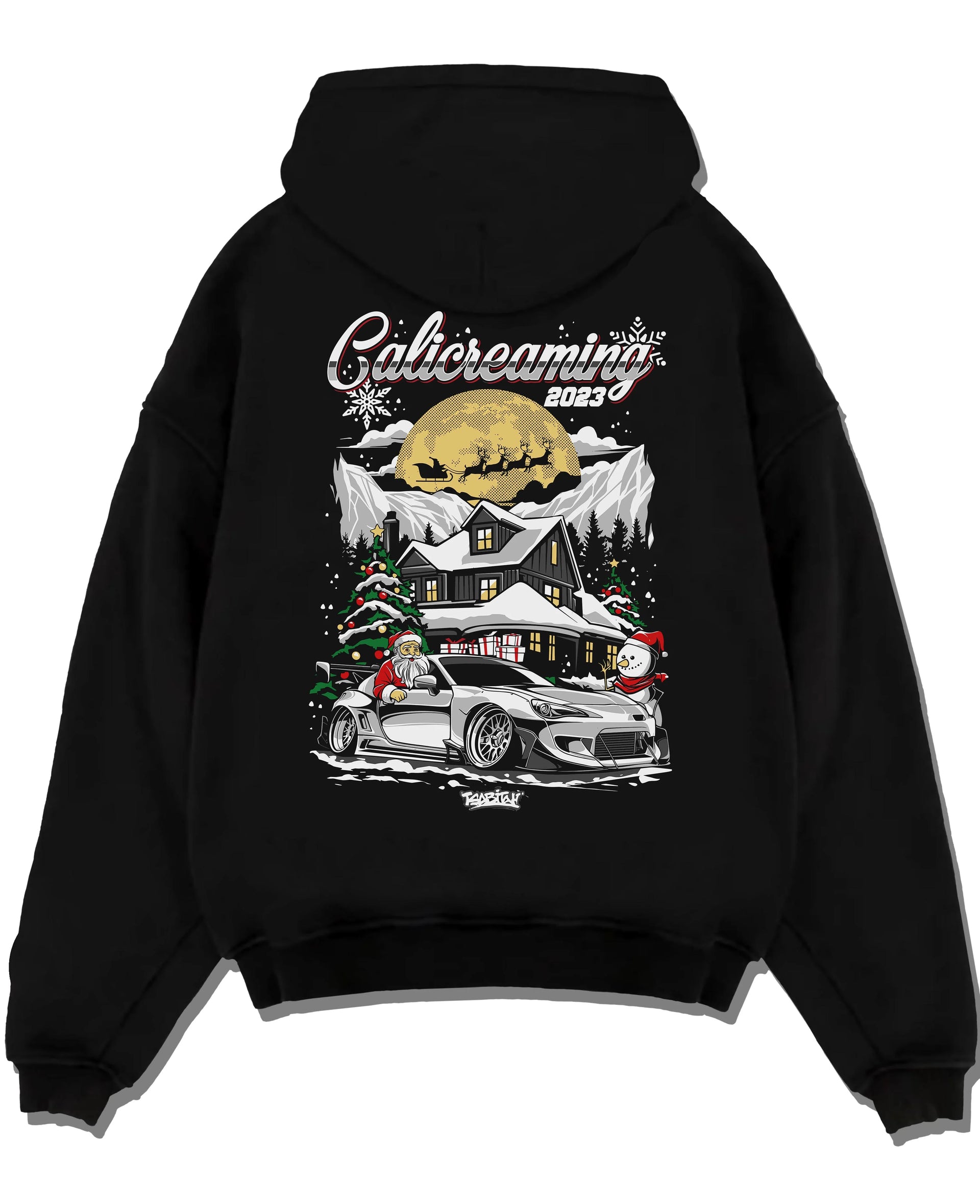 Black pullover hoodie laid flat on a white background, featuring rs drift jdm street racing performance motorsport graphic.