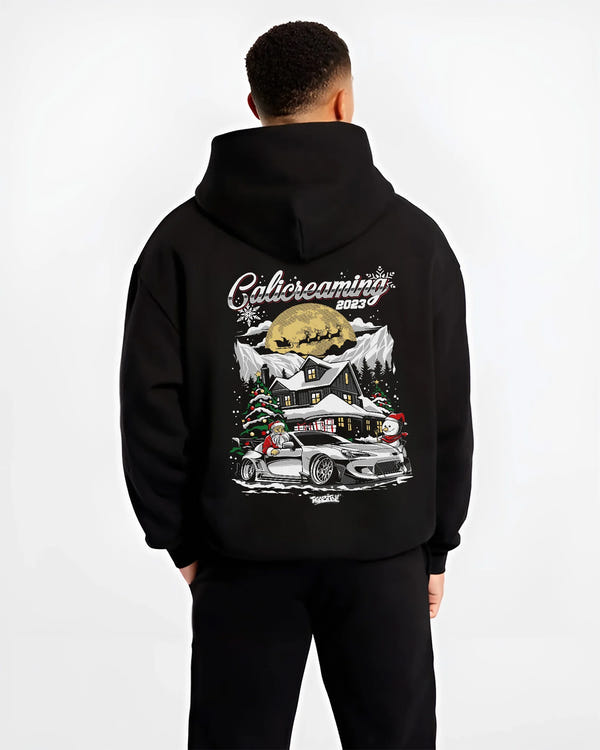 Black hoodie worn by a male model, back view, featuring rs drift jdm street racing performance motorsport automotive graphic.
