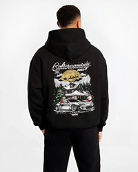 Black hoodie worn by a male model, back view, featuring rs drift jdm street racing performance motorsport automotive graphic.