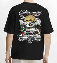 Black T-shirt worn by a male model, back view, featuring rs drift jdm street racing performance motorsport automotive graphic.