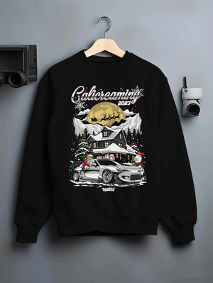 Black crewneck sweatshirt on a hanger against a grey wall, featuring rs drift jdm street racing performance motorsport graphic.