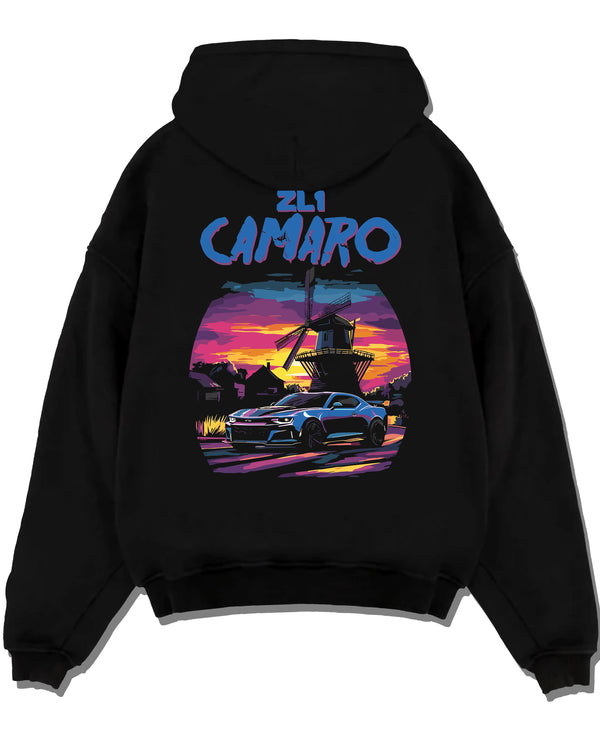 Black pullover hoodie laid flat on a white background, featuring Chevrolet Camaro rs racing nascar motorsport american graphic.