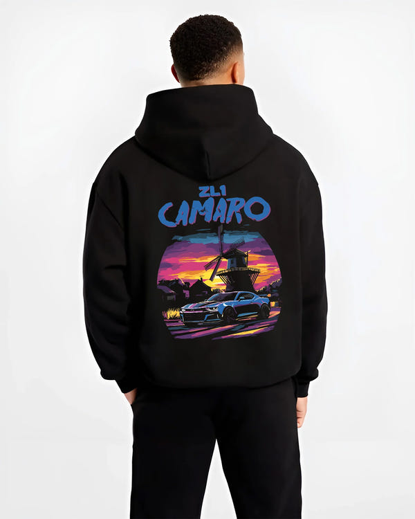 Black hoodie worn by a male model, back view, featuring Chevrolet Camaro rs racing nascar motorsport american muscle graphic.