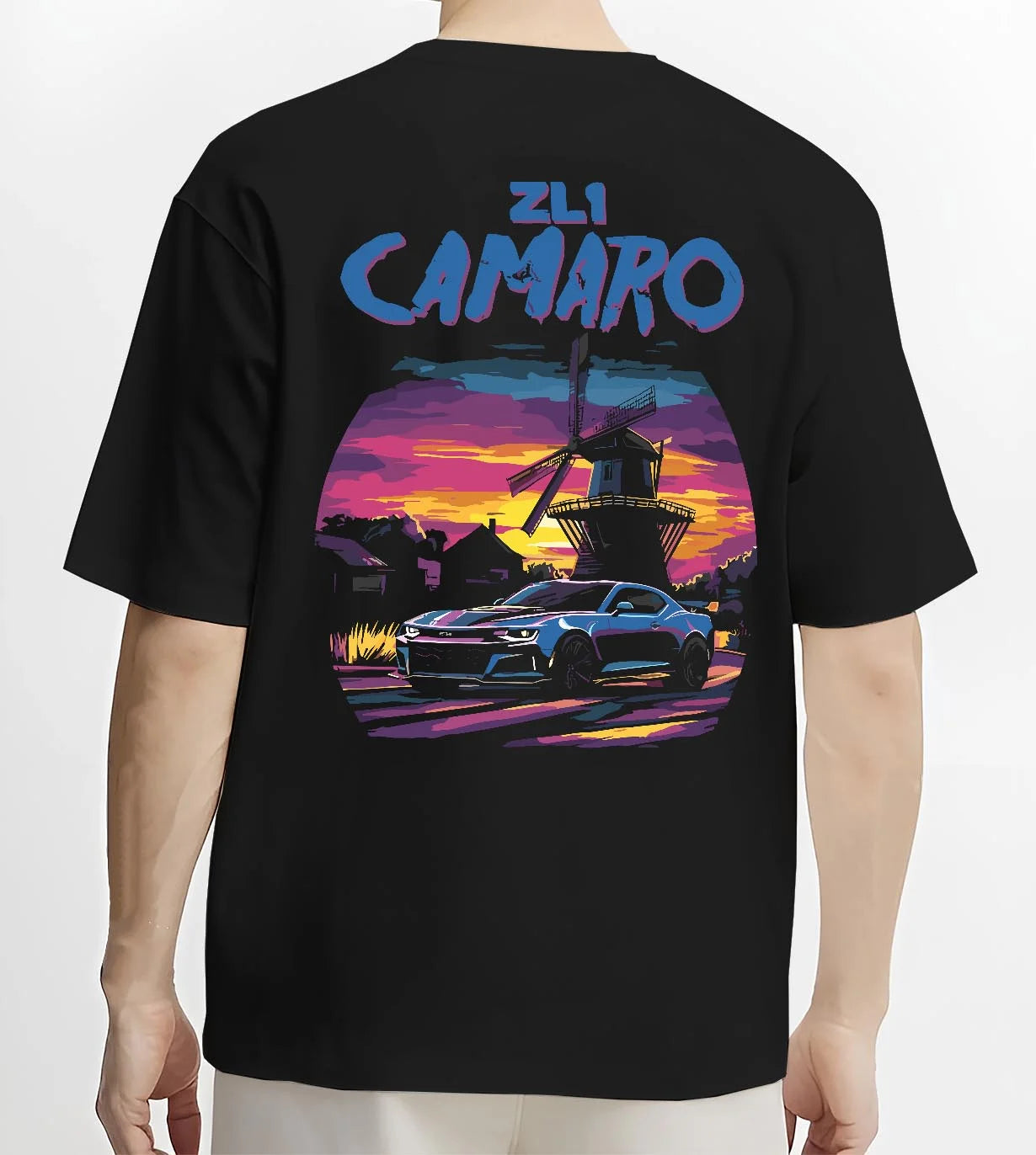 Black T-shirt worn by a male model, back view, featuring Chevrolet Camaro rs racing nascar motorsport american muscle graphic.