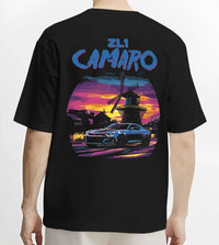 Black T-shirt worn by a male model, back view, featuring Chevrolet Camaro rs racing nascar motorsport american muscle graphic.