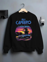Black crewneck sweatshirt on a hanger against a grey wall, featuring Chevrolet Camaro rs racing nascar motorsport american graphic.