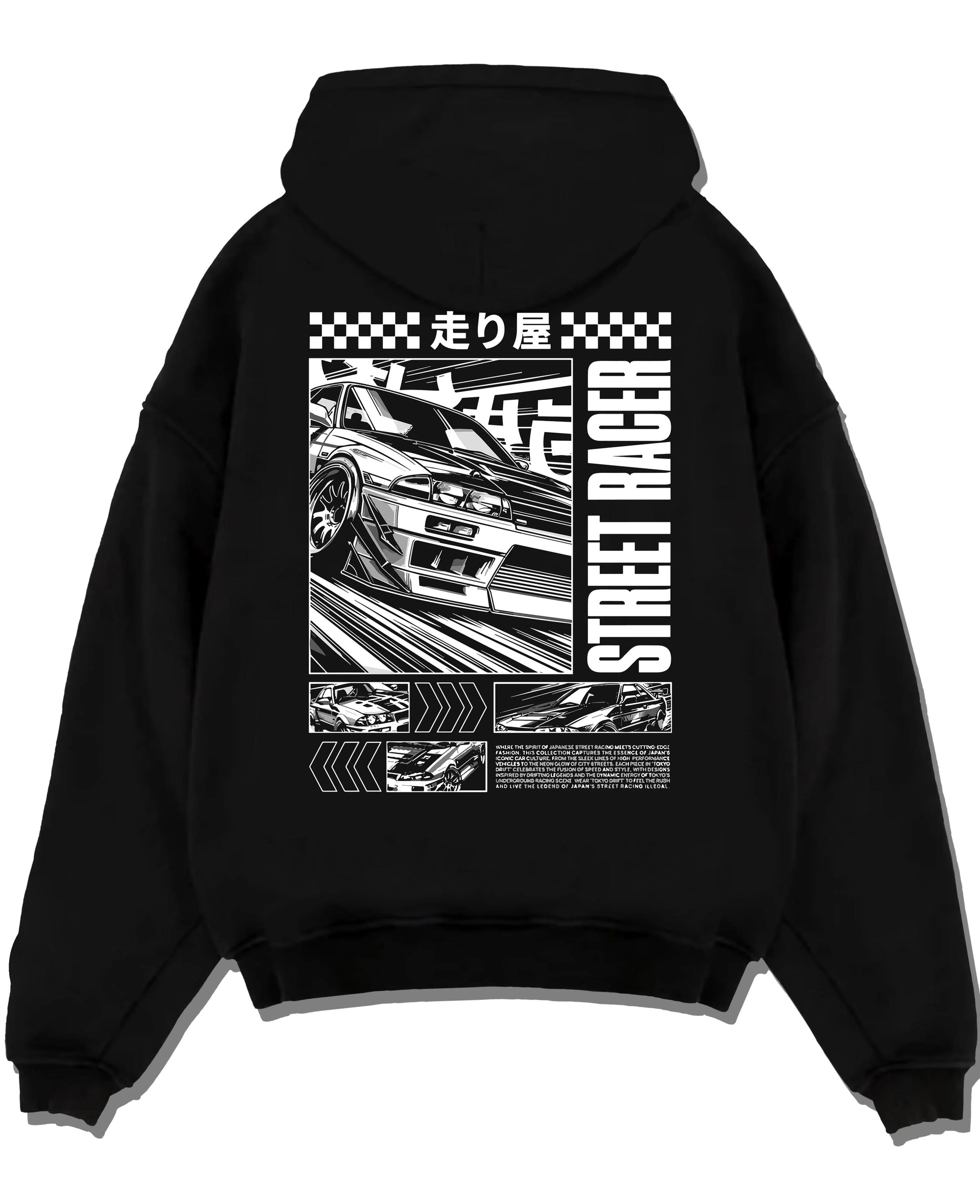 Black pullover hoodie laid flat on a white background, featuring racing street performance motorsport automotive enthusiast car01.