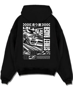 Black pullover hoodie laid flat on a white background, featuring racing street performance motorsport automotive enthusiast car01.