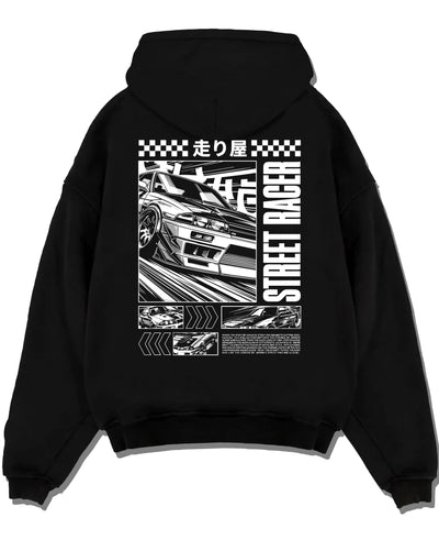 Black pullover hoodie laid flat on a white background, featuring racing street performance motorsport automotive enthusiast car01.
