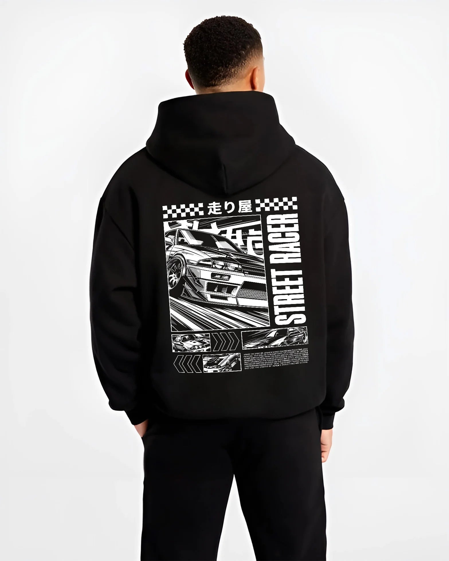 Black hoodie worn by a male model, back view, featuring racing street performance motorsport automotive enthusiast power car01.