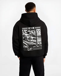 Black hoodie worn by a male model, back view, featuring racing street performance motorsport automotive enthusiast power car01.