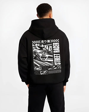Black hoodie worn by a male model, back view, featuring racing street performance motorsport automotive enthusiast power car01.