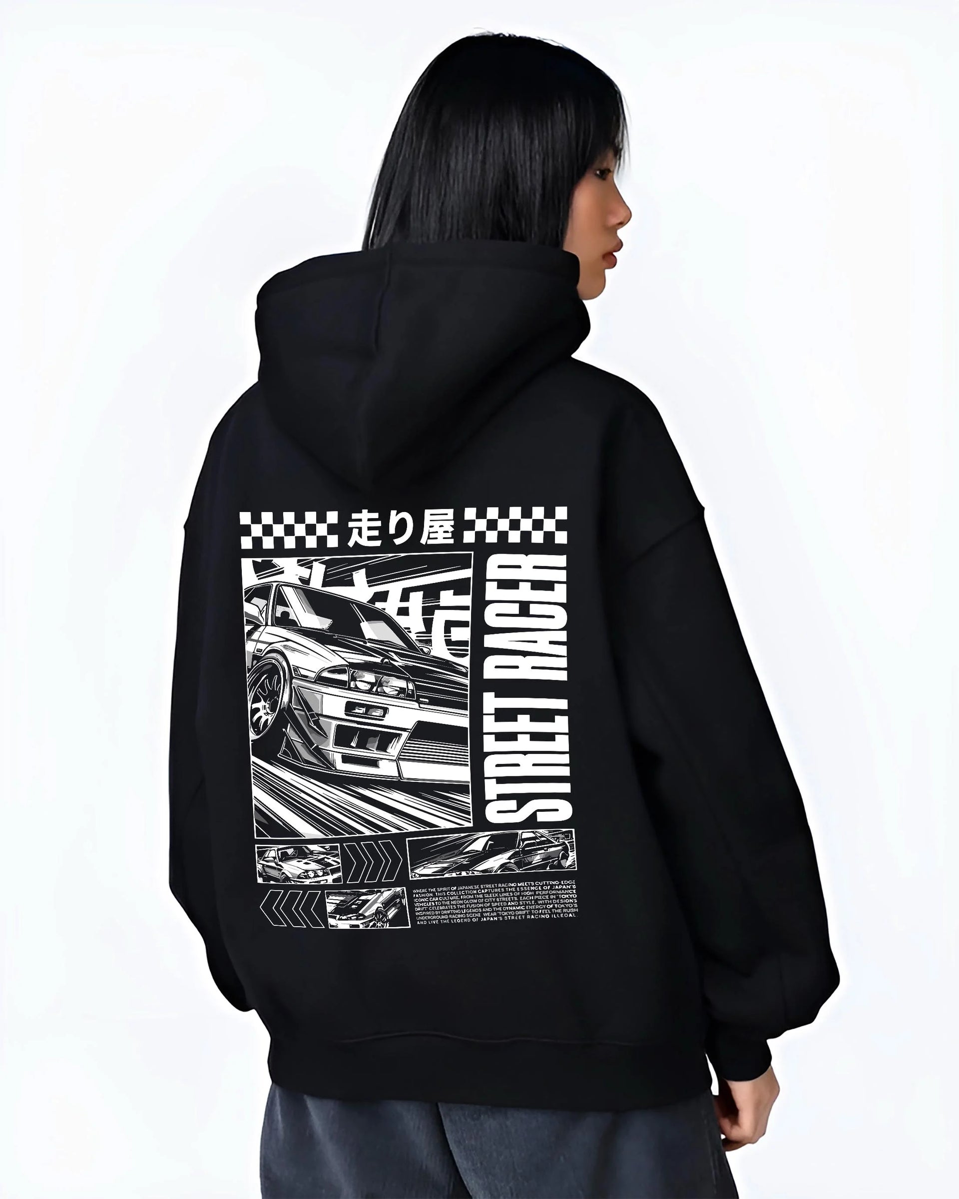 Black hoodie worn by a female model, back view, featuring racing street performance motorsport automotive enthusiast power car01.