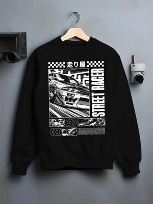 Black crewneck sweatshirt on a hanger against a grey wall, featuring racing street performance motorsport automotive car01.