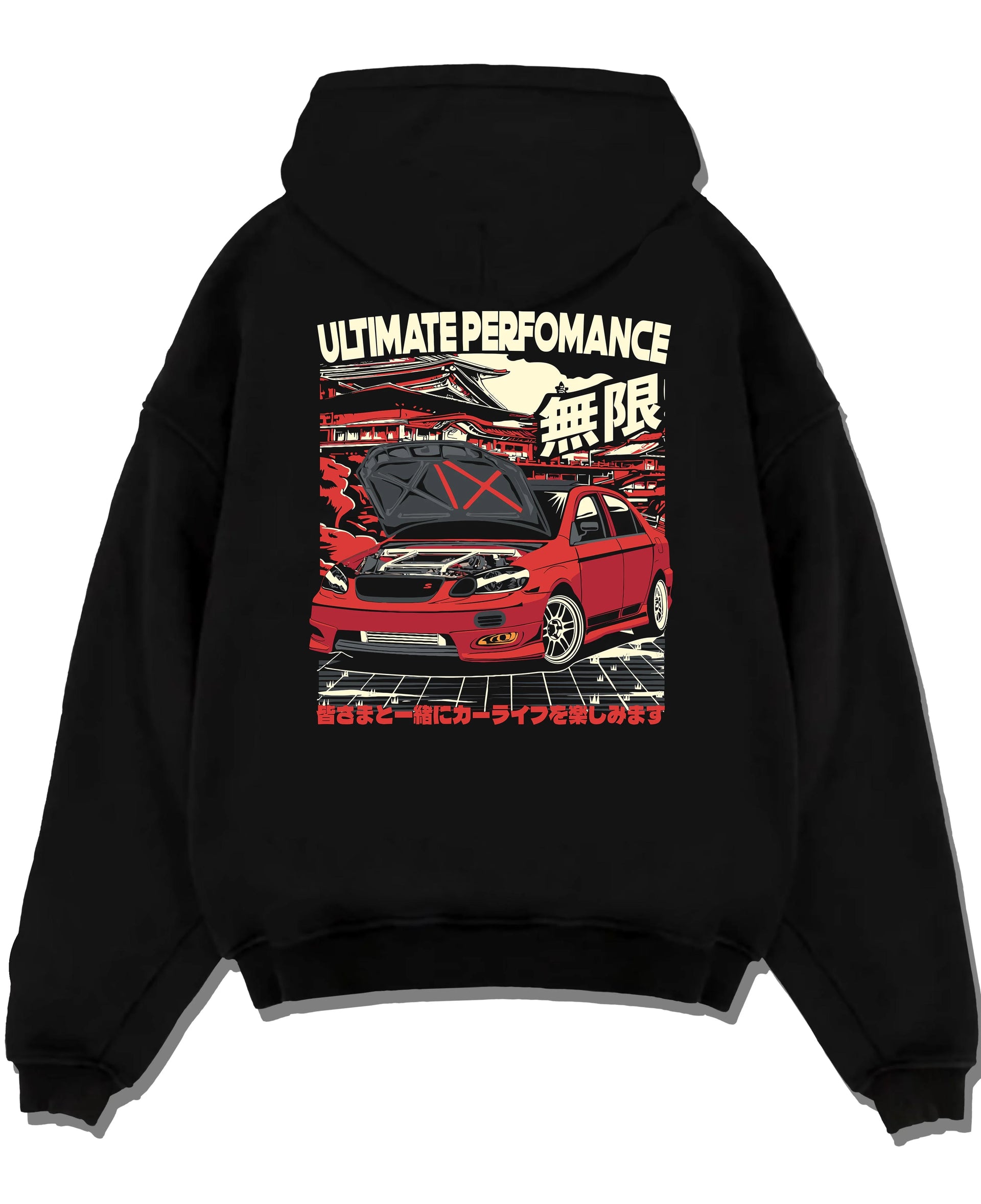 Black pullover hoodie laid flat on a white background, featuring racing street performance motorsport automotive enthusiast car02.
