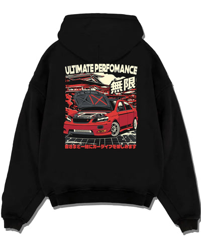 Black pullover hoodie laid flat on a white background, featuring racing street performance motorsport automotive enthusiast car02.