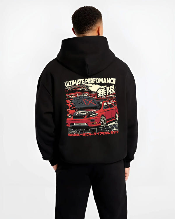 Black hoodie worn by a male model, back view, featuring racing street performance motorsport automotive enthusiast power car02.