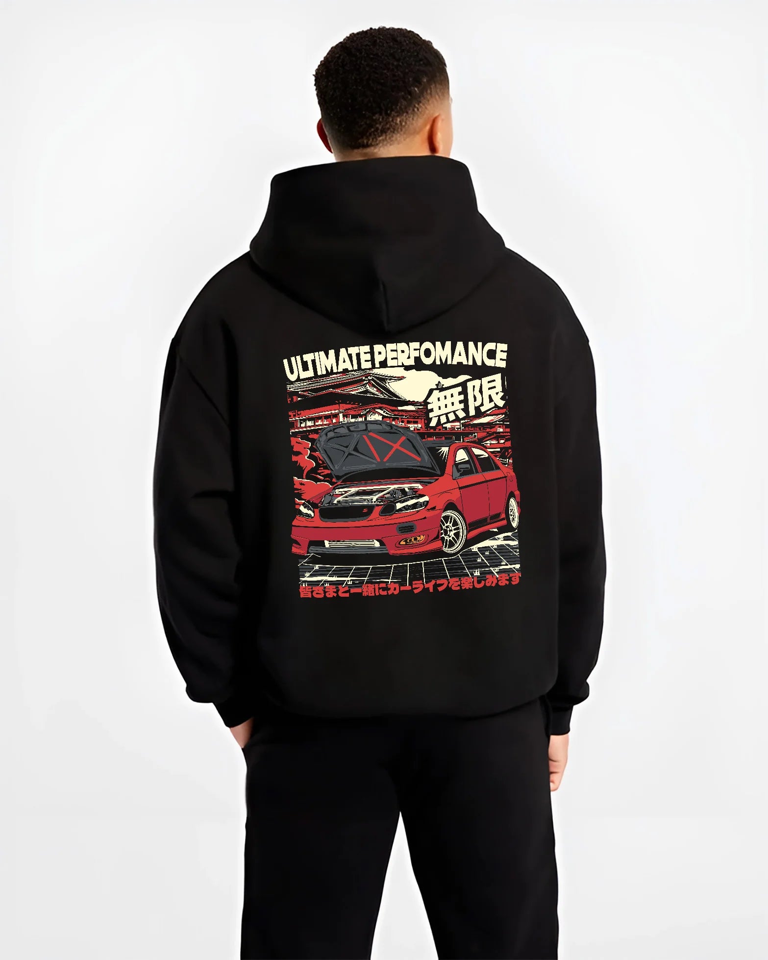 Black hoodie worn by a male model, back view, featuring racing street performance motorsport automotive enthusiast power car02.