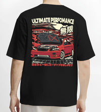 Black T-shirt worn by a male model, back view, featuring racing street performance motorsport automotive enthusiast power car02.