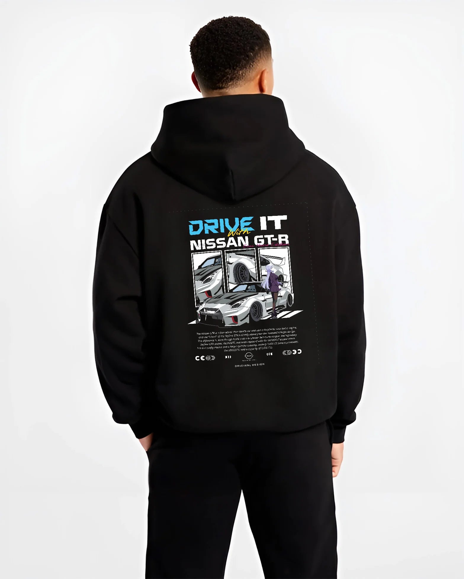Black hoodie worn by a male model, back view, featuring muscle retro vintage classic enthusiast racing street performance graphic.