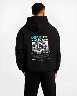 Black hoodie worn by a male model, back view, featuring muscle retro vintage classic enthusiast racing street performance graphic.