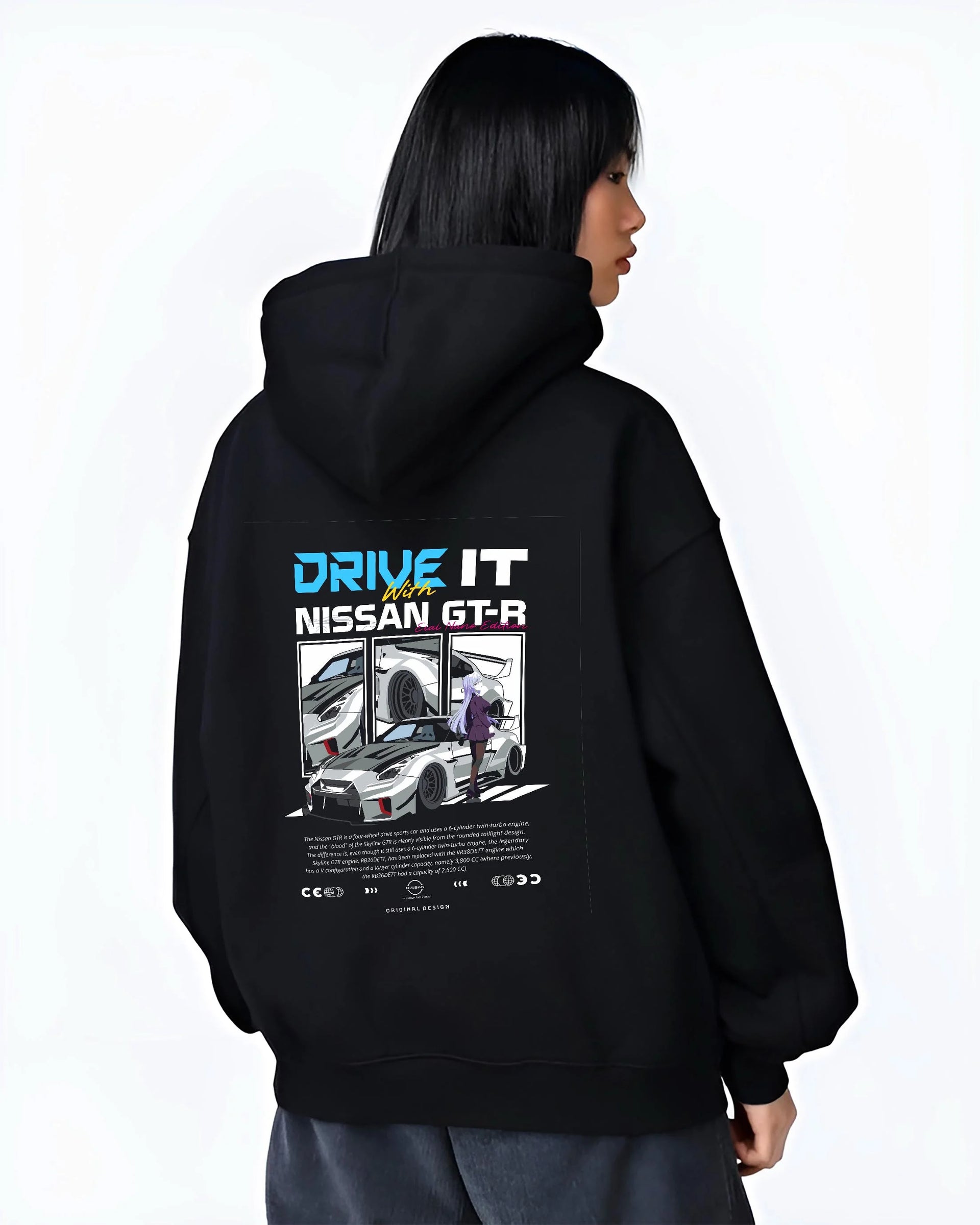 Black hoodie worn by a female model, back view, featuring muscle retro vintage classic enthusiast racing street performance graphic.
