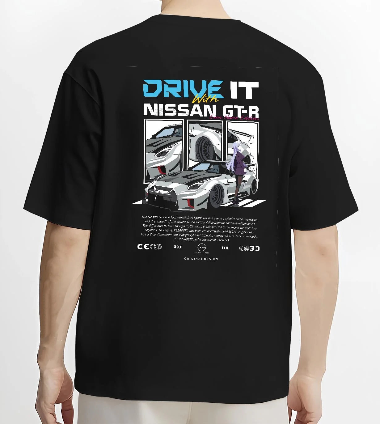 Black T-shirt worn by a male model, back view, featuring muscle retro vintage classic enthusiast racing street performance graphic.