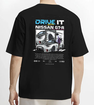 Black T-shirt worn by a male model, back view, featuring muscle retro vintage classic enthusiast racing street performance graphic.