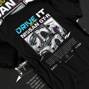 Black T-shirt laid flat with natural fabric folds, featuring muscle retro vintage classic enthusiast racing street graphic.