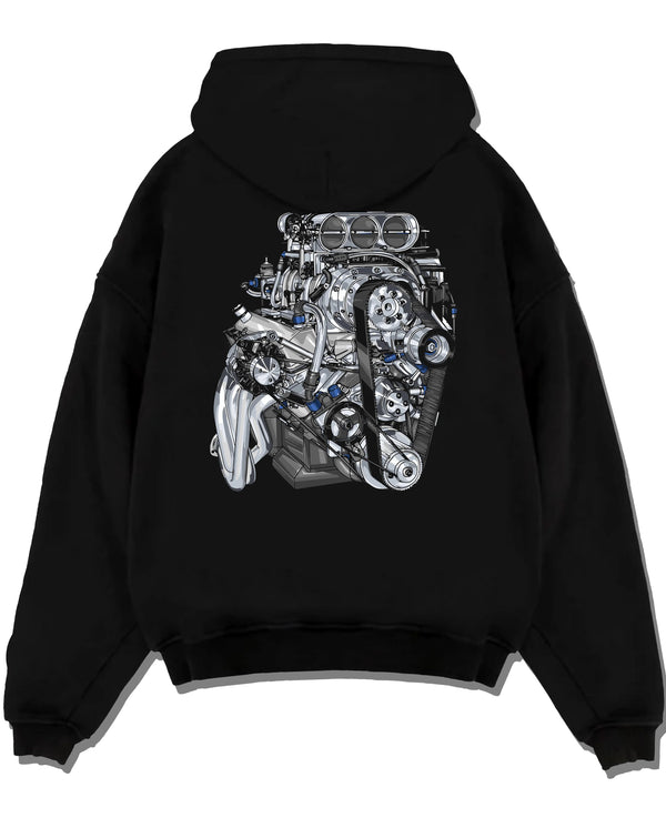 Black pullover hoodie laid flat on a white background, featuring turbo tuner street vintage enthusiast racing performance graphic.