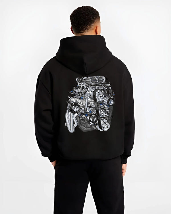 Black hoodie worn by a male model, back view, featuring turbo tuner street vintage enthusiast racing performance motorsport graphic.