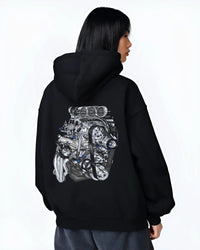 Black hoodie worn by a female model, back view, featuring turbo tuner street vintage enthusiast racing performance graphic.