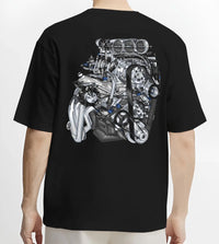 Black T-shirt worn by a male model, back view, featuring turbo tuner street vintage enthusiast racing performance graphic.