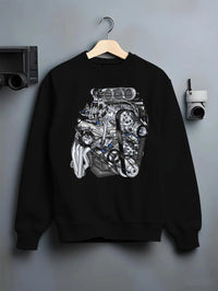 Black crewneck sweatshirt on a hanger against a grey wall, featuring turbo tuner street vintage enthusiast racing graphic.