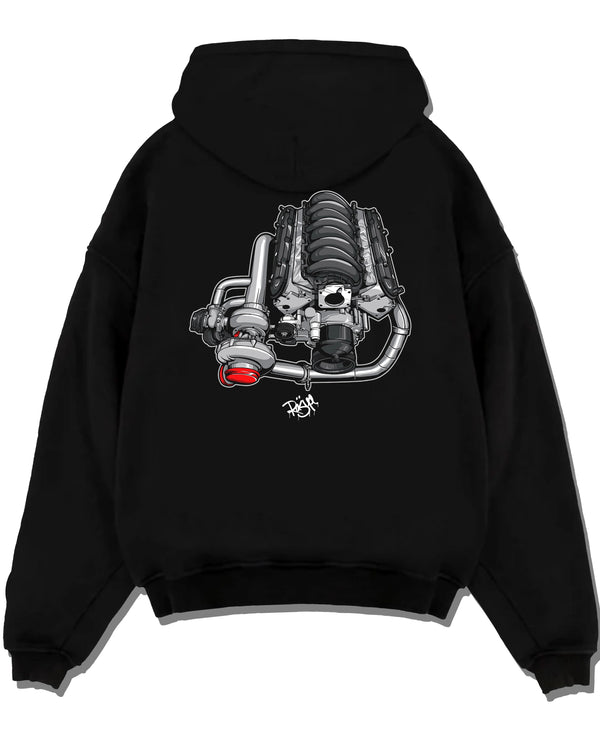 Black pullover hoodie laid flat on a white background, featuring supercharged v8 muscle street retro power enthusiast graphic.