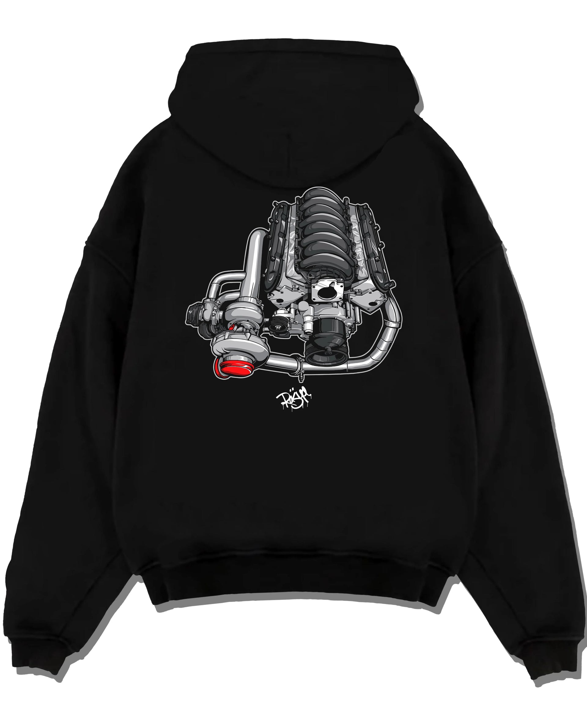 Black pullover hoodie laid flat on a white background, featuring supercharged v8 muscle street retro power enthusiast graphic.