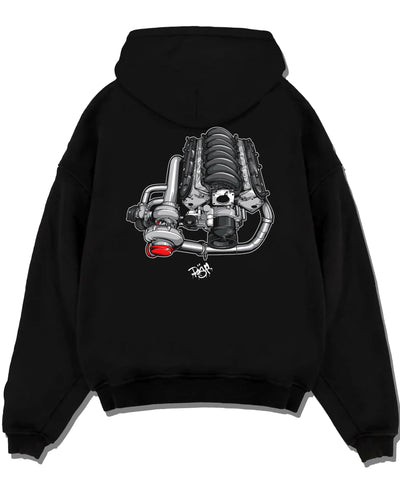 Black pullover hoodie laid flat on a white background, featuring supercharged v8 muscle street retro power enthusiast graphic.