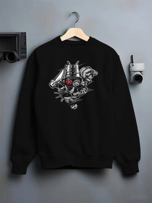 Black crewneck sweatshirt on a hanger against a grey wall, featuring muscle retro vintage racing street performance graphic.