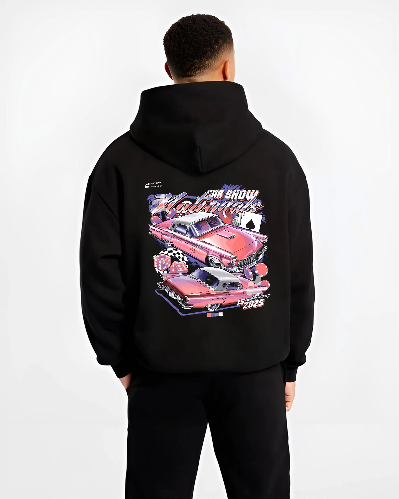 Black hoodie worn by a male model, back view, featuring rs ls retro vintage classic show racing street graphic.