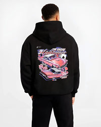 Black hoodie worn by a male model, back view, featuring rs ls retro vintage classic show racing street graphic.