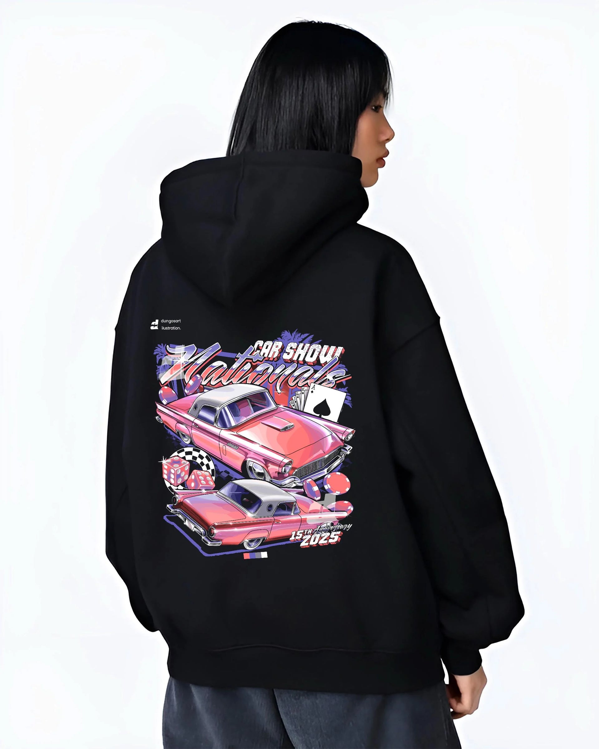 Black hoodie worn by a female model, back view, featuring rs ls retro vintage classic show racing street graphic.