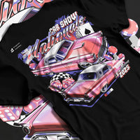 Black T-shirt laid flat with natural fabric folds, featuring rs ls retro vintage classic show racing street graphic.