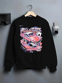 Black crewneck sweatshirt on a hanger against a grey wall, featuring rs ls retro vintage classic show racing street graphic.